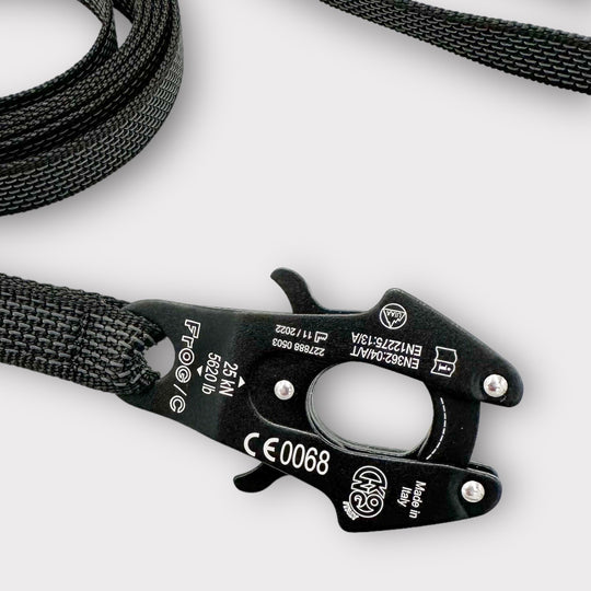 Gummierte Laufleine 2.5 cm mit Frog Cable Schnalle 2/3/5/10/15 m, schwarz mit Schlaufen