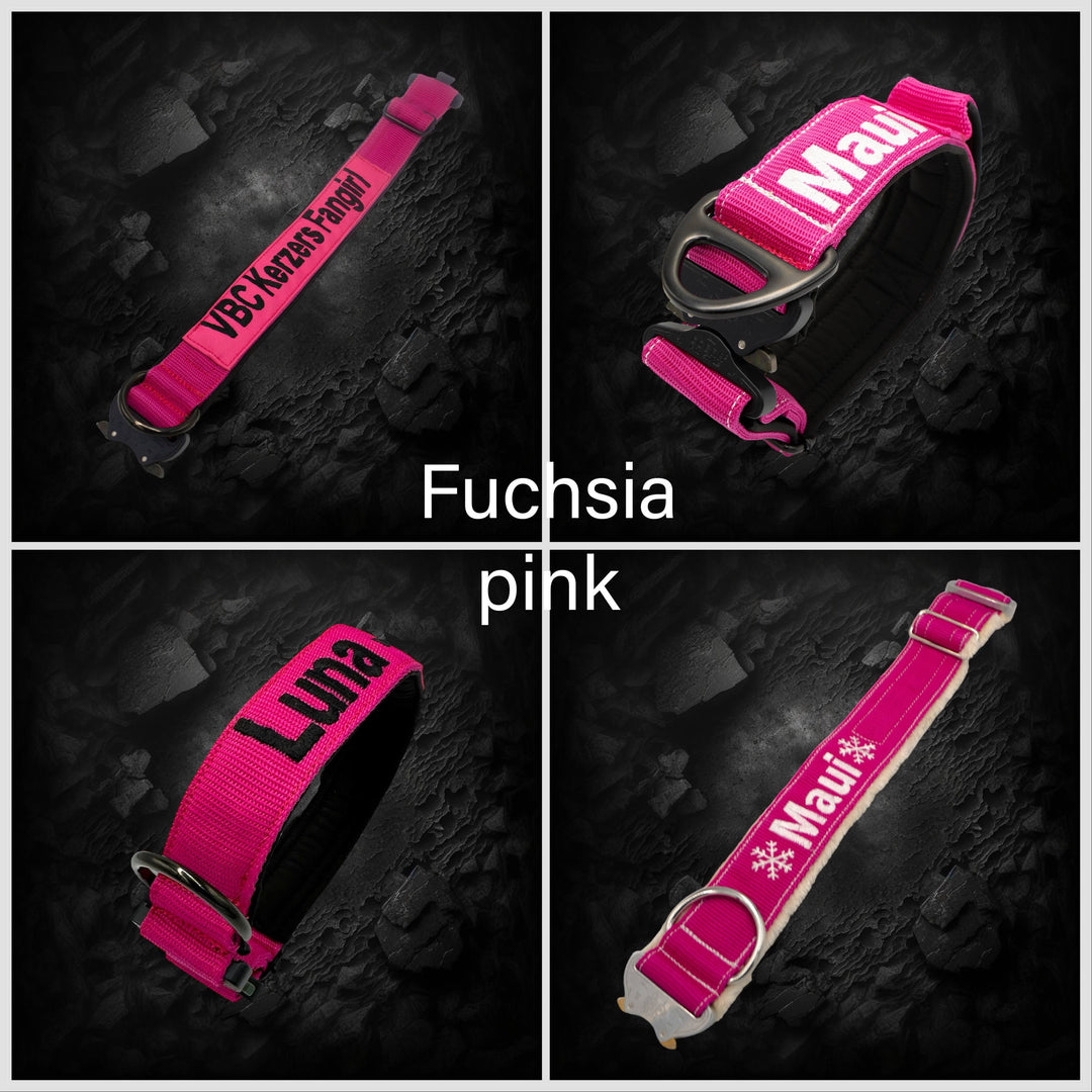 personalisierte Halsbänder mit namen und telefonnummer bestickt für grosse hunde schweiz in farbe pink und neon pink