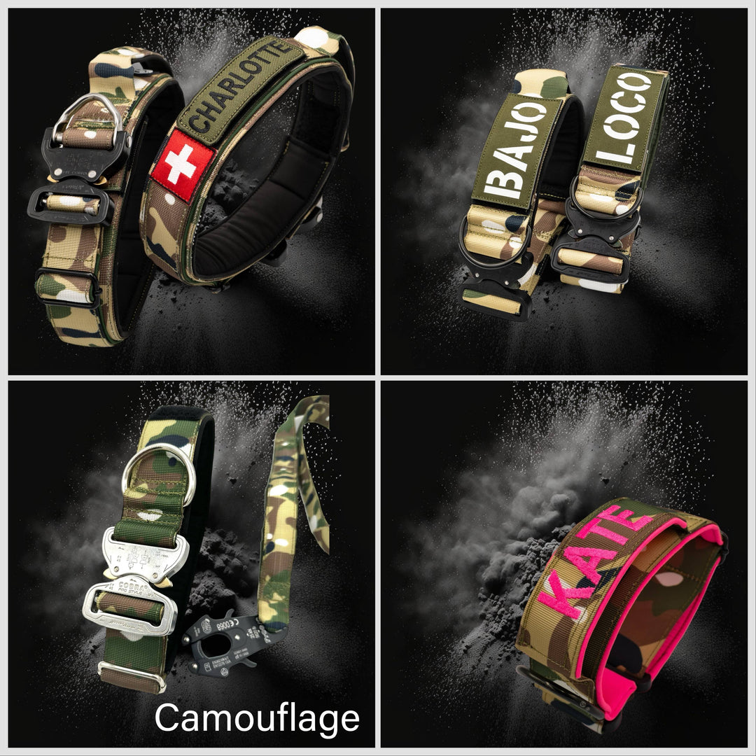 personalisierte Halsbänder auf mass mit namen und telefonnummer bestickt für grosse hunde schweiz army style