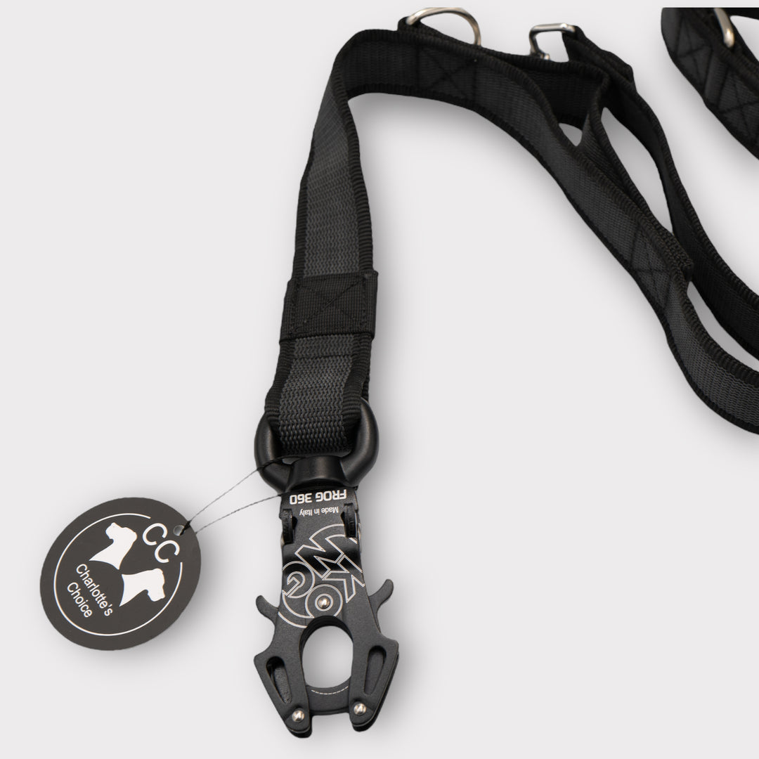 3.8 cm Breite gummierte Leine 2.2 m lang, mit Frog 360 oder Edelstahlkarabiner, verstellbar.