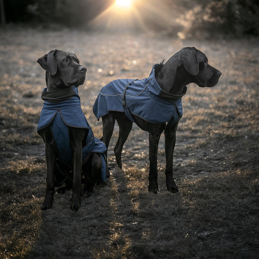 Ultraleichter Sailor Frühjahr-Sommer Regenmantel in Navy-Dunkelblau für Hunde (bis 76 cm Rückenlänge) mit wasserdichtem Polyester, reflektierenden Elementen, verstellbarem Kragen, Bauchband mit Cobra-Schnalle und weichem Fleece-Innenfutter. Für grosse Hunde.