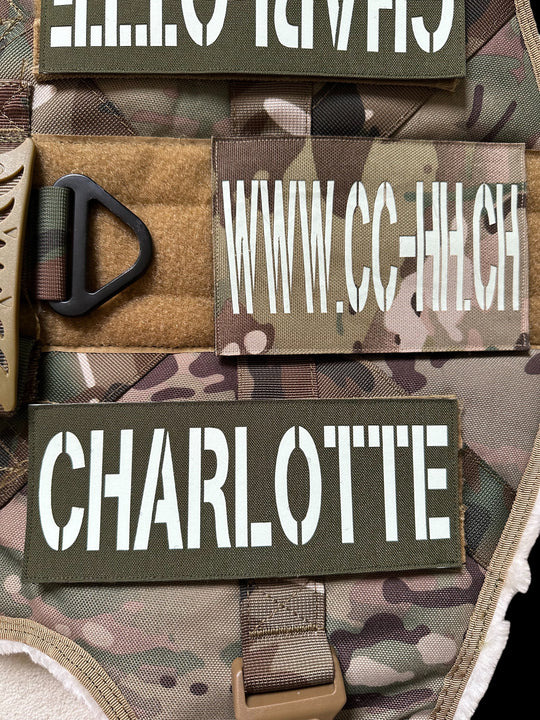 Grosse Namenpatches für Geschirre lasergeschnitten - (IR, Scheinwerferlicht reflektierend oder selbstleuchtend)