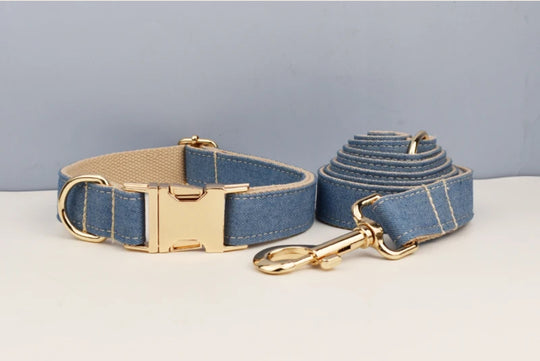 CC Mini Welpen Halsband Leine Geschirr mit Gravur Denim