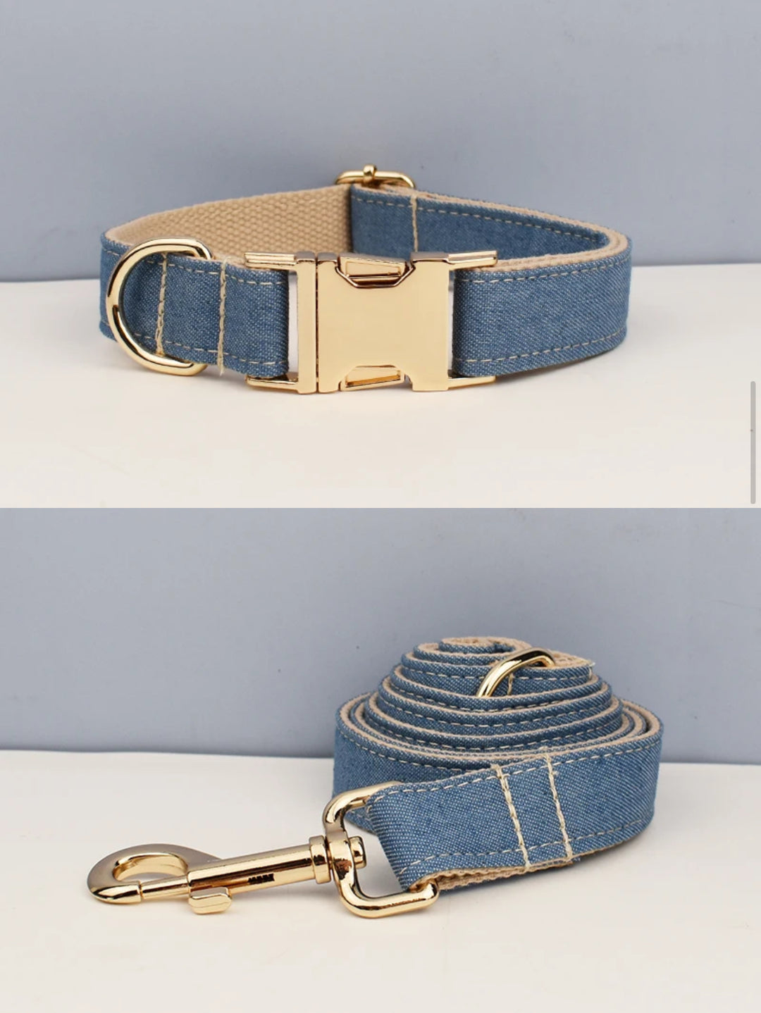 CC Mini Welpen Halsband Leine Geschirr mit Gravur Denim