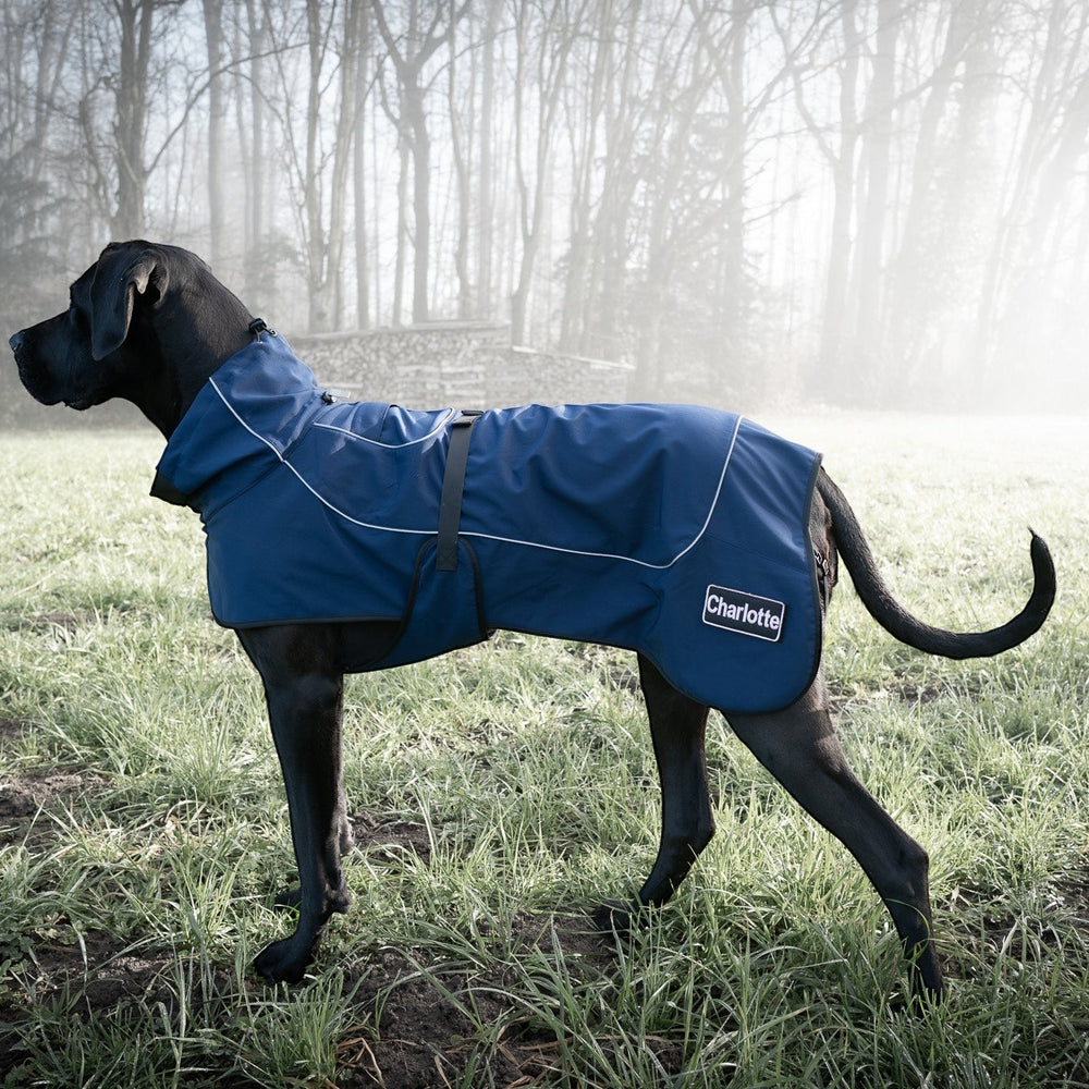 Ultraleichter Sailor Regenmantel in Navy-Dunkelblau für Hunde (bis 76 cm Rückenlänge) mit wasserdichtem Polyester, reflektierenden Elementen, verstellbarem Kragen, Bauchband mit Cobra-Schnalle und weichem Fleece-Innenfutter. Für grosse Hunde.
