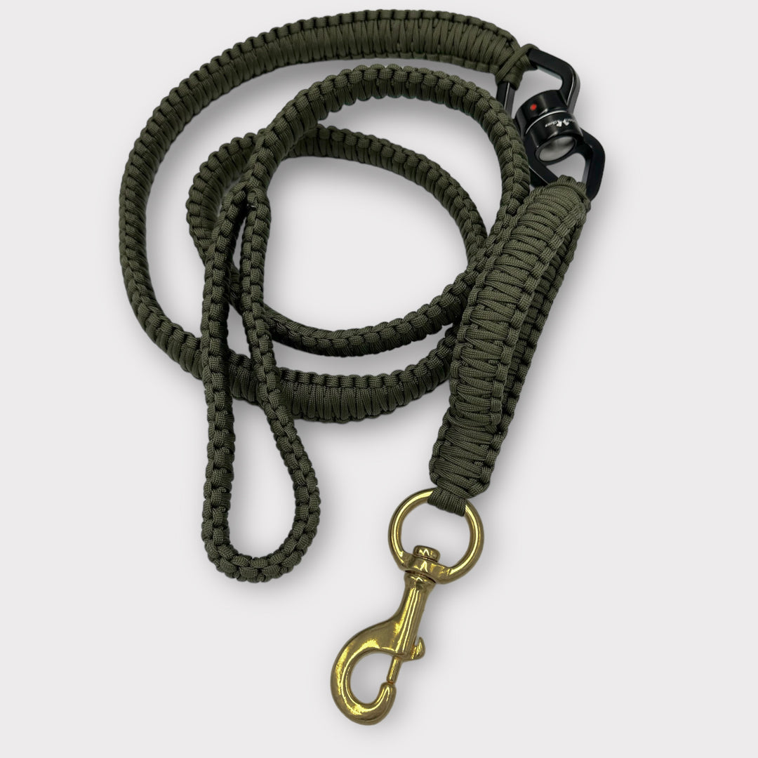 Mousqueton en laiton Rambo pour grands chiens - avec poignée courte et pivot à 360 degrés - 100 kg+ (noir/vert armée)